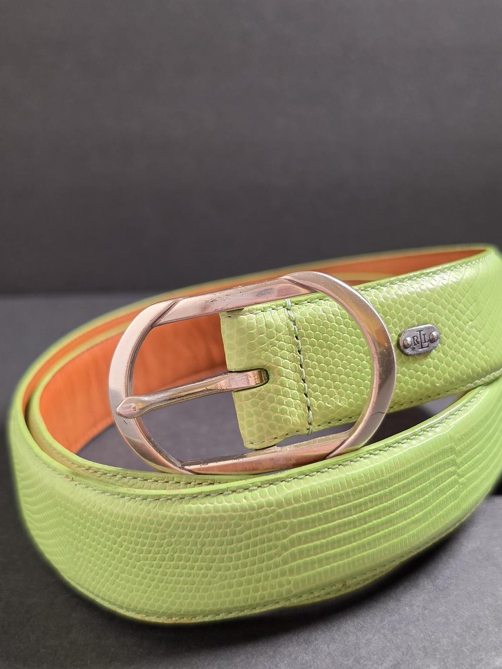 Lauren Ralph Lauren Lime Green Lizard-Texture Belt with Rose Gold Buckle